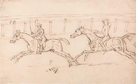 An old pencil sketch of two racehorses with jockeys