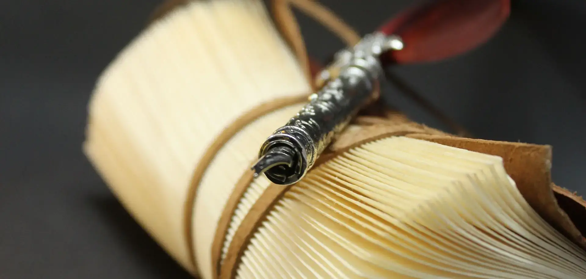 A fountain pen resting on a leather diary